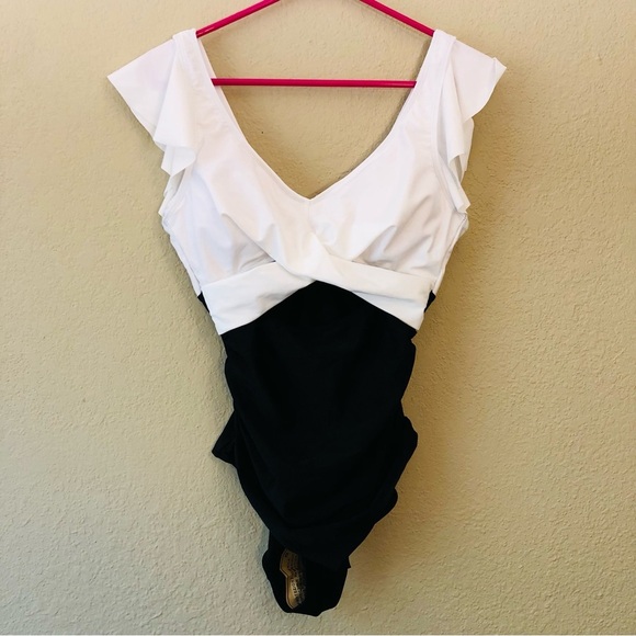 B2prity Women's One Piece Swimsuit Medium Black/White Ruffle Cutout Slimming - Picture 1 of 11